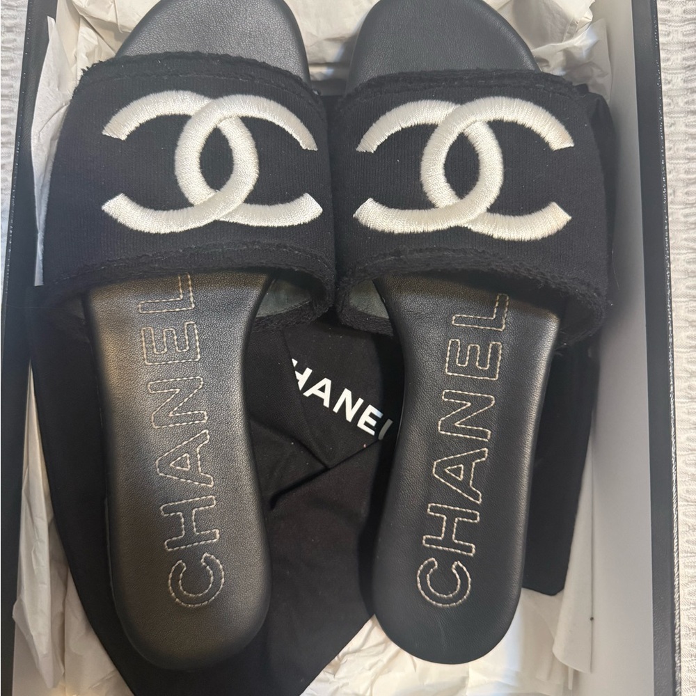 CHANEL Black and White Logo Slide Sandals
